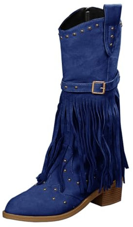 Generico Stivali Texani Camperos Invernali Western Scarponcini Cerniera Stivali Donna Alti con Tacco Boots Equitazione Stivali Donna Indianini Stivaletto a Metà Polpaccio a Punta Tronchetti