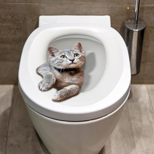 Grey Cartoon Toilet Seat Lid Sticker Cute Cat Waterproof Self-Adhesive Removable Toilet Lid Decal Bathroom Decoration Tank Covers Bathroom Accessories (30cm)