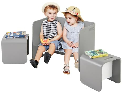 COSTWAY 3tlg. Kindertisch mit 2 Stühlen Birke, Kindersitzgrupppe Holz platzsparend, Sitzgruppe für Kinder, Kindermöbel für Kinderzimmer, Kindergarten (Grau)