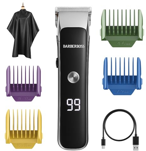 Barberboss Facial & Beard Groomer for Men, Compact Hair Clipper with Adjustable Dial, Dual Speeds, LED Display, Ceramic-Titanium Blade, Beard Trimmer with 4 Combs & USB Charging