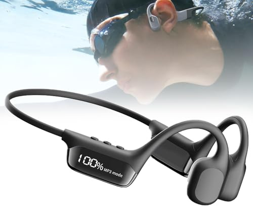 Bone Conduction Swimming Headphones - IP68 Waterproof, Built-in 32GB MP3 Player, 6H Battery with LED Power Display for Swimming, Running, Cycling & Driving,Black