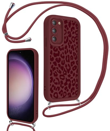 Xylota Coque avec Cordon pour Samsung Galaxy S23 5G, Aesthetic Léopard Motif Etui avec Réglable Collier Silicone Corde Protection Bumper Case, Antichoc Housse pour Samsung S23 5G 6,1'', Bordeaux