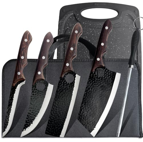 6 Stücke Kochmesser Set Mit Tasche, Küchenmesser, Wetzstahl,Schneidebrett, Handgeschmiedet Chefmesser, Perfekt zum Schneiden Messer, Serbisches, Hackmesser Scharf Messer für Zuhause Camping