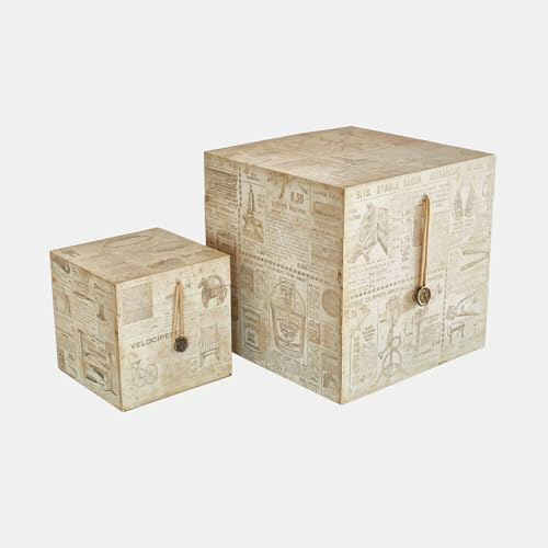 Loberon Box 2er Set Elridge - Vintageprint - Stabile Holzboxen - Origineller Knopfverschluss - 25cm & 15cm - Aufbewahrung - MDF - Polyester, antikcreme/grau