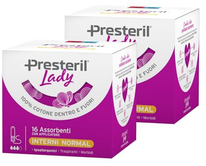Presteril Lady - Assorbenti Interni Normal 100% Cotone - 2x16 (tot. 32) | con applicatore, ipoallergenici, traspiranti, per flussi moderati, mantiene il pH vaginale, contro i cattivi odori