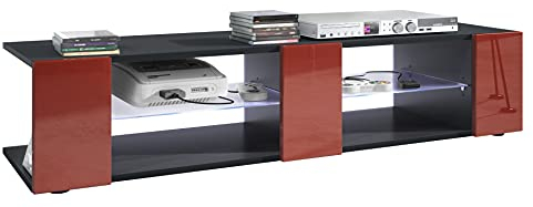 Vladon Buffet Bas Movie V2, Meuble TV avec 6 Compartiments Ouverts et placages décoratifs, Noir Mat/Bordeaux Haute Brillance, éclairage LED Blanc Inclus (134 x 29 x 39 cm)
