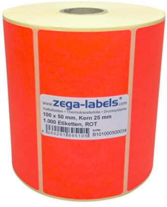 Thermotransfer Etiketten ROT auf Rolle - 100 x 50 mm - 1.000 Stück je Rolle - Kern: 25 mm - Papier Leuchtrot - permanent haftend - Druckverfahren: Thermotransfer (Drucken mit Farbband)