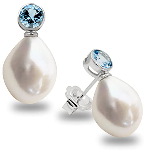 Damen Perlenohrringe mit 12-13 mm Barock Süßwasser Zuchtperlen Weiß mit Zirkonia - SECRET & YOU - Perlenohrstecker 925er Sterling silber
