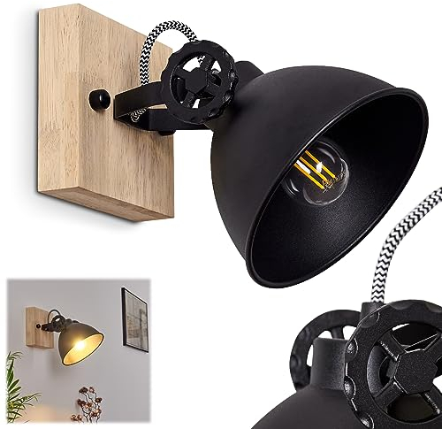 Wandlampe Svanfolk, Wandleuchte aus Metall und Holz in Schwarz/Braun, 1-flammig, mit verstellbarem Strahler, 1 x E14-Fassung, Retro/Vintage Design, ohne Leuchtmittel