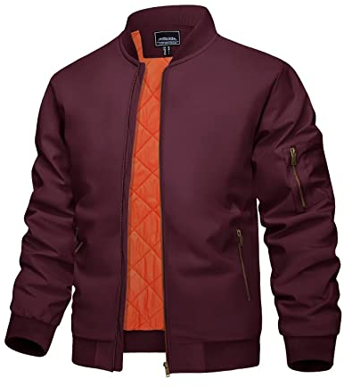 KEFITEVD Hommes Bombardier Hiver Baseball Veste Printemps Chaud Pilote Cargo Manteaux Coupe-Vent Armée avec Fermeture Éclair Poches - Vin Rouge - L/étiquette taille XL
