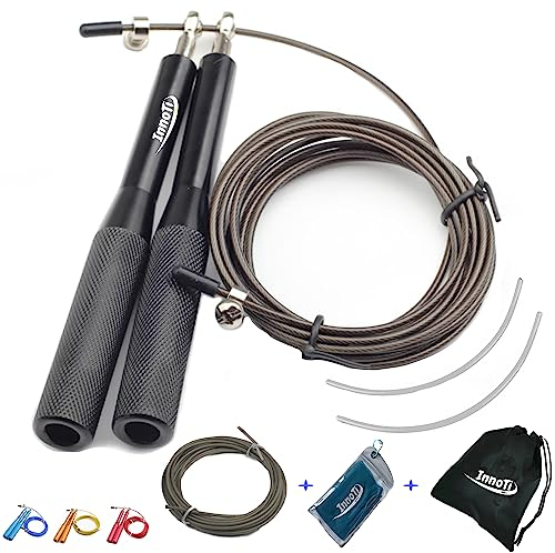 InnoTi Springseil Erwachsene Fitness für Damen & Herren – Speedrope Springseil Crossfit für Boxen – Anti-Rutsch Leichte Aluminium Griffe für Double Unders – Verstellbar und Mit Extraseil (SCHWARZ)