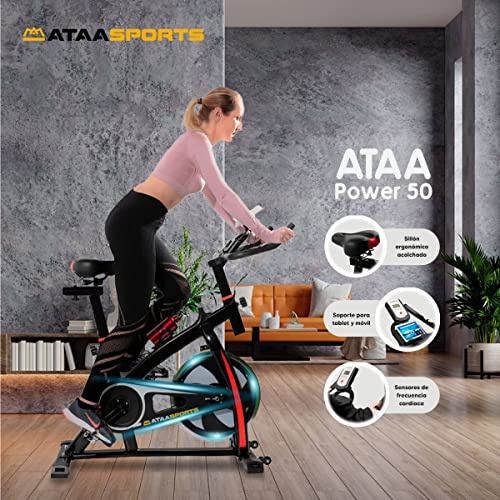 ATAA Spinnrad ATAA Power 50 - Schwarz-Statischer Fahrradträger für Heimfitnessübungen mit Herzfrequenzmesser, ergonomischem LCD-Bildschirm und variablem Widerstand