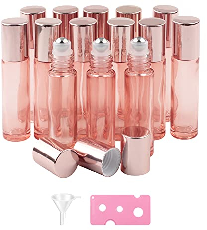 Pxyelec Clear Pink Essential Oil Roller Bottles Set with Stainless Steel Balls, 14 Pack 10ml Leakproof Glass Bottle for Perfume Essential Oils Includes1 Funnels