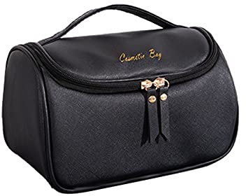 Dkings Kosmetiktasche Reise Make-up-Tasche PU Leder Schminktasche Kosmetiktasch Organizer für Damen Mädchen Kulturbeutel Kulturtasche mit Tragegriff (Schwarz)