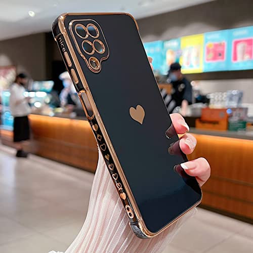 Compatible with Samsung Galaxy A12/M12 Case,Love Heart Pattern Electroplated Design Soft TPU Shockproof Protective Phone Case Full Camera Lens Protection Cover for Samsung Galaxy A12/M12-Black