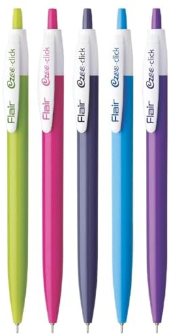 FLAIR Ezee Click Kugelschreiber-Etui, 0,7 bis 1 mm, einziehbarer Mechanismus mit komfortablem Griff für glattes Schreiben, verschiedene verspielte Körperfarben, blaue Tinte, 20 Stück