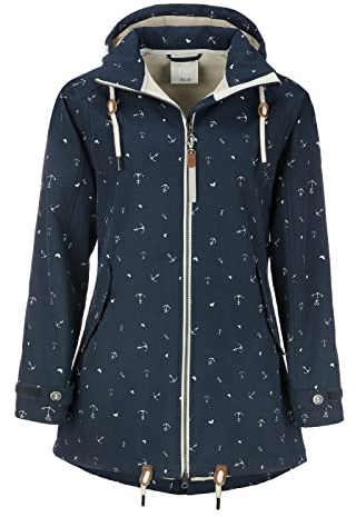 Dry Fashion Damen Softshell-Mantel Plön mit Allover-Print Anker - Softshelljacke Outdoorjacke mit Fleece-Innenfutter in Navy-Melange Größe 36
