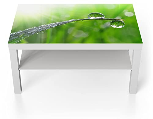 DEQORI Glastisch | weiß groß 90x50 cm | Motiv Tautropfen am Morgen | ausgefallener Beistelltisch aus Glas | Hochglanz Couchtisch fürs Wohnzimmer | moderner Couch Tisch mit Design