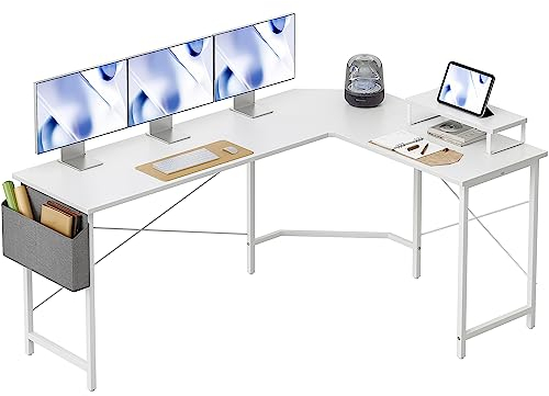 CubiCubi Gaming Tisch Eckschreibtisch 170x120cm, Schreibtisch mit Monitorständer und Seitlicher Aufbewahrungstasche, Gaming Schreibtisch L Form, Computertisch, Weiß
