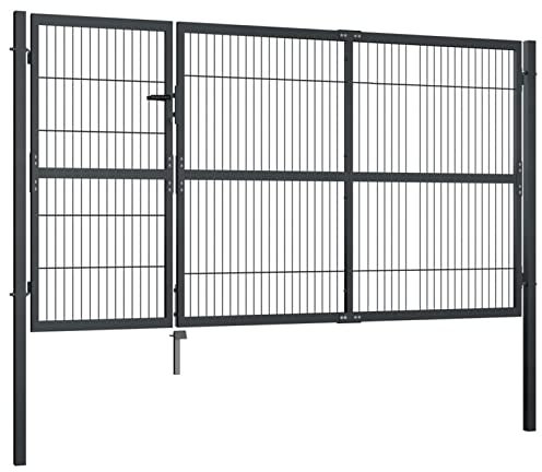 Homgoday Gartentor mit Pfosten Gartentür Zauntor Hoftor Zauntür Gartenpforte Einfahrtstor Tor Gartenzaun Pforte mit Schloss und Schlüssel 350×140 cm Anthrazit