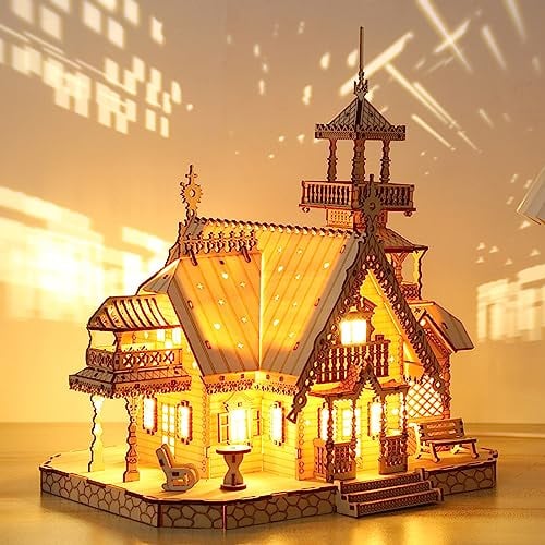 UpGLeuch 3D Puzzle Modellbausatz Holz Villa mit Licht Erwachsene, Vintage Holzbausatz 3D Puzzle, DIY Villa 3D Holzbausatz Heimdekoration Desktop Spielzeug Erwachsene und Kinder