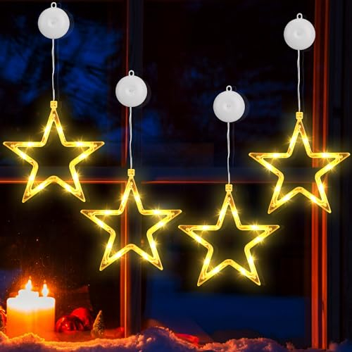BrizLabs LED Sterne Weihnachtsbeleuchtung, 4 Stück Fenster Sterne Lichterkette Weihnachtsdeko Fensterlichter Batterie Innen Weihnachtsstern für Halloween Außen Garten Terrasse Tür Haus Party, Warmweiß
