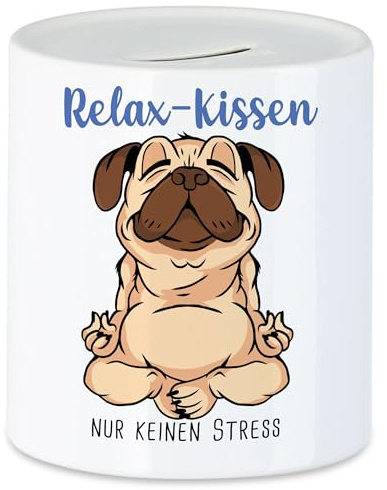 Hey!Print Anti-Stress Spardose Meditation Lustig Spruch Ironie Hund Mops Geschenk-Idee Bürokollegen Chillen Yoga