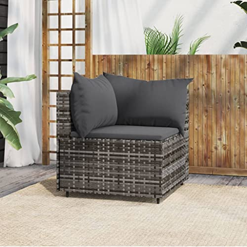 Hovothy Garten-Ecksofa mit Kissen Grau Poly Rattan Gartensofa Gartencouch Balkon Sofa Outdoor Sofa Rattansessel Rattan Stuhl Corner Sofa Ecksessel Gartenmöbel Set Balkonmöbel Set