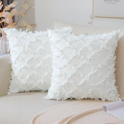 JOTOM Juego de 2 fundas de cojín de lino de 45 x 45 cm, diseño de borlas, fundas de almohada cuadradas para sofá, dormitorio, sofá, decoración de silla del hogar (blanco)