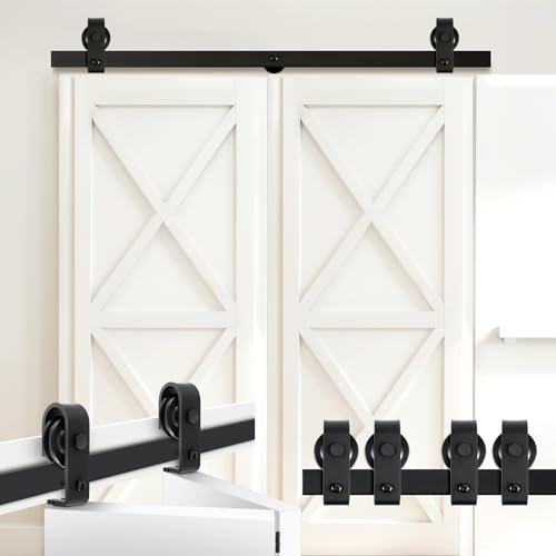 Tandefio Bi Folding Sliding Barn Door Hardware Track Kit Bifold Door Hardware Heavy Duty Top Mounted Black Roller, Door Not Included (40'' for 2 Door)