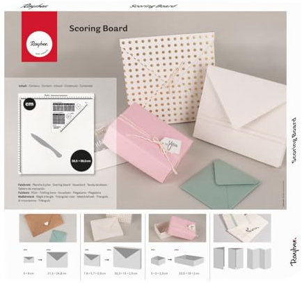 Rayher Scoring Board, Mehrzweck Falzbrett, 30,5 x 30,5 cm, inklusiv Falzbein + Maßdreieck, Falzwerkzeug zum Herstellen von Karten, Kuverts, Geschenkboxen in verschiedenen Größen, 50292000