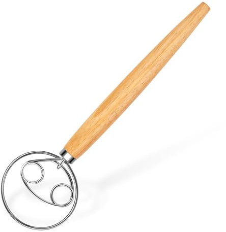 HARVI Enterprise Danish Dough Whisk, Stainless Steel Dutch Style Hand Bread Mixer Dough Whisk Perfect Baking Tool for Pastry or Pizza (2 Eye Style with Wooden Handle)
