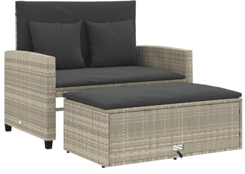 vidaXL Gartensofa mit Kissen 2-Sitzer, Gartensessel mit Fußhocker, Terrassensofa mit abnehmbaren Bezügen, Gartenbank Gartenmöbel, Hellgrau Poly Rattan