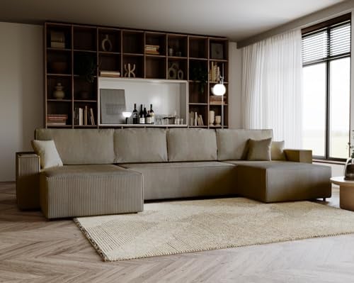 Emporius Ecksofa 375 cm Bergamo U - Schlafsofa, Eckcouch mit Bettkasten - Couch 375 cm U-Form mit Schlaffunktion - Cordstoff Velvet (Braun - Poso 03)