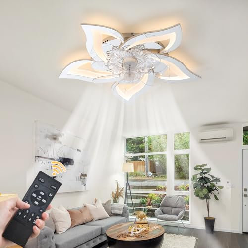 Ceiling Fans with Lights Stainless Steel Bedroom Ceiling Fan Lights with Remote Control 6 Speed Silent Fan Light Dimmable Reversible Flush Mount Ceiling Fan with Lighting for Living Room-Silver