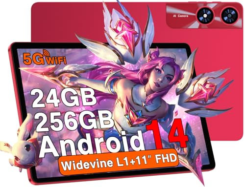 Tablet 11 Pollici Android 14 Tablet con 24GB RAM + 256GB ROM(TF/1TB), Octa-Core 2.0 GHz, 2.4G/5G WiFi, Bluetooth 5.0, Widevine L1, 8000mAh, 5MP+13MP, 1280 * 800 Pixels FHD, Touch Screen con Case - Red