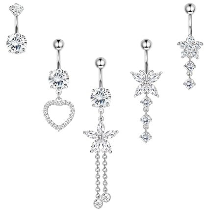 Krfy 5Stück Bauchnabelpiercing Silber 14G 316L Chirurgenstahl Bauchnabelpiercing Set