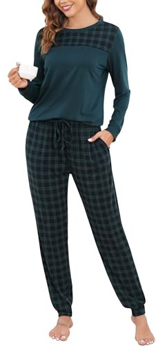 Vlazom Kariertes Pyjama Set Lang Schlafanzug Zweiteiliger Damen Schlafanzug Winter Pyjama mit Rundausschnitt Langarm Pyjama Set(S,Stil 1-Grün Top + Marineblau Karierte Hose)