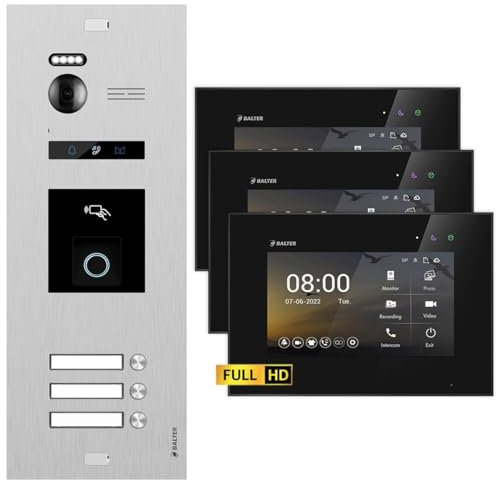 Nonic Balter EVO HD Silber/Schwarz Video Türsprechanlage mit Fingerprint Set für 3 Familienhaus (1x Türstation mit Full HD-Kamera, 3X 7 Zoll Monitor, 2-Draht Bus, RFID, 175° Weitwinkel)