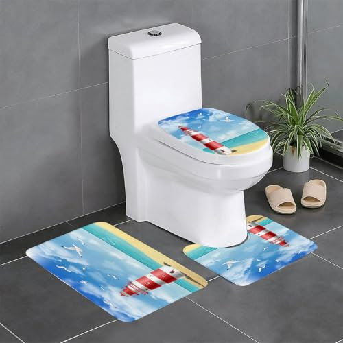 AELKSP Badezimmerteppich Set 3 Teilig,Leuchtturm am Strand,rutschfest Waschbar Badvorleger Set,Saugfähig Badematte Badteppich Set mit