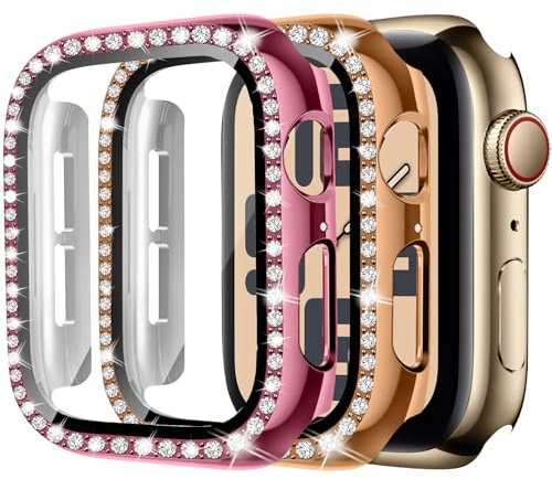 2 Stück Bling Hülle für Apple Watch Schutzhülle 40mm für Damen,Harte PC Diamant Glitzer vollständiger Schutz Displayschutz für iWatch Serie 10 9 8 7 6 5 4 SE,05-Pink/Rosegold