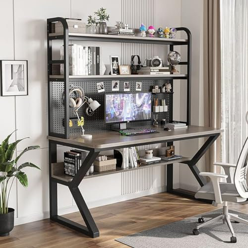 Schreibtisch für das Homeoffice mit Stecktafel, großer PC-Tisch, Computertisch mit Regalen, multifunktionale Werkbank, Arbeitszimmer, Schreibtisch (119,4 cm B x 169,9 cm H x 59,9 cm T, Grau