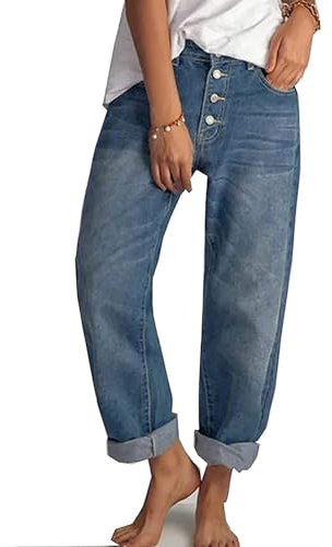 FYCYGG Damen Baggy Jeans Weites Bein Mid-Rise Knöchel Denim Hose mit Taschen Hufeisen Ballon