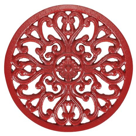 SUMTree 6.7 Round Cast Iron Trivet, Decorative Heavy Duty Hot Pot Holder Mat, Vintage Flower Pattern Cast Iron Trivet with Rubber Pegs for Kitchen Worktops Dining Table (Red)