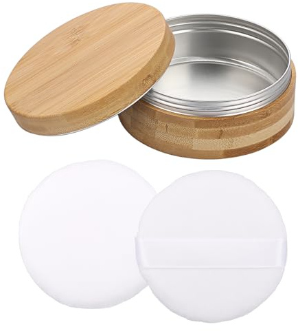 SUMTree Large Bamboo Body Powder Puffs and Container, Dusting Powder Container with 2 Puffs for Women, Empty Talcum Box for Baby, 11.5 * 11.5 * 4.8cm, Burlywood