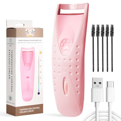 BUTBU Heated Eyelash Curler, Rechargeable Electric Lash Curler with Smart Silicone Heating Pads and 5 Eyebrow Brushes, Lash Curling Tool for Lashes Lasting Curl, Gift for Women (Pink)