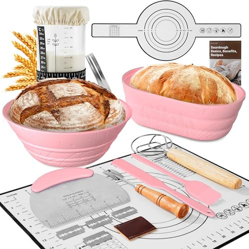 BICRET Sauerteig Ferment Set-15-teiliges Brot backen Zubehör mit Gärkorb Weizenmuster, Gärglas,Thermometer,Gärkorb Brot Silikon-Set,Teigmesser Geschenk für Anfänger (Rosa)