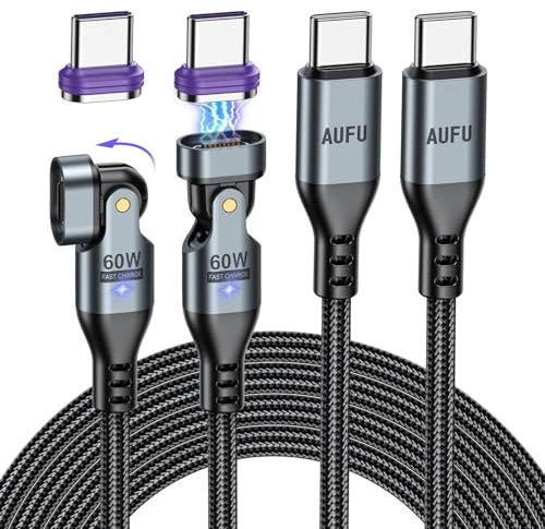 AUFU 60W Magnetic Charging Cable USB C to USB C [2 Pack 2M] 16PIN 180° Rotatable Magnetic Cable 20V/3A Fast Charging Data Transfer for Phone 15/Galaxy S23/Pad/Laptop