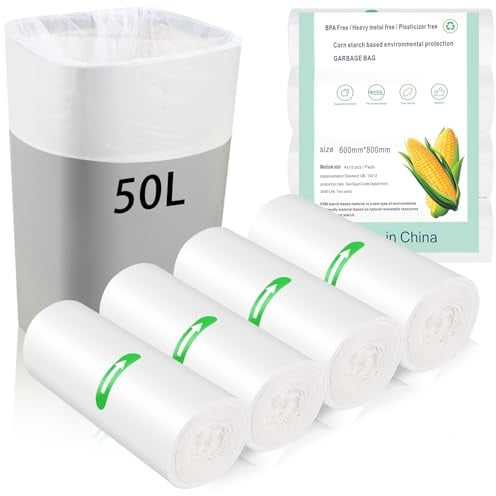 60 x 50 Liter Bin Bags, 23.62 * 31.5 in/13 Gallon Food Waste Bag, White | 4 Roll Kitchen Bin Liners Food Caddy Bag Caddy Bin Liners for for Office Bathroom Kitchen Garbage Bin