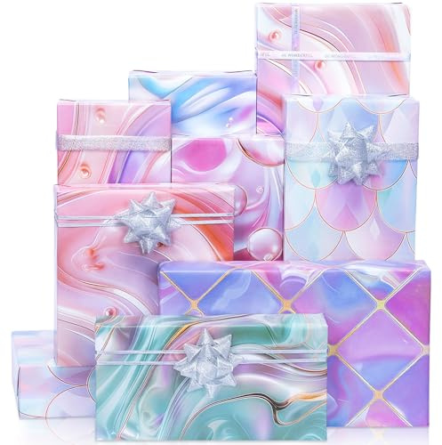 Larcenciel Geschenkpapier Meerjungfrau, 6 Blatt Pastell Geschenkpapier Mädchen mit Geschenkschleife, Ozean Regenbogen Geschenkverpackung mit Perlmuttglanz für Geburtstage, Kinder, Party, 70 x 50 cm